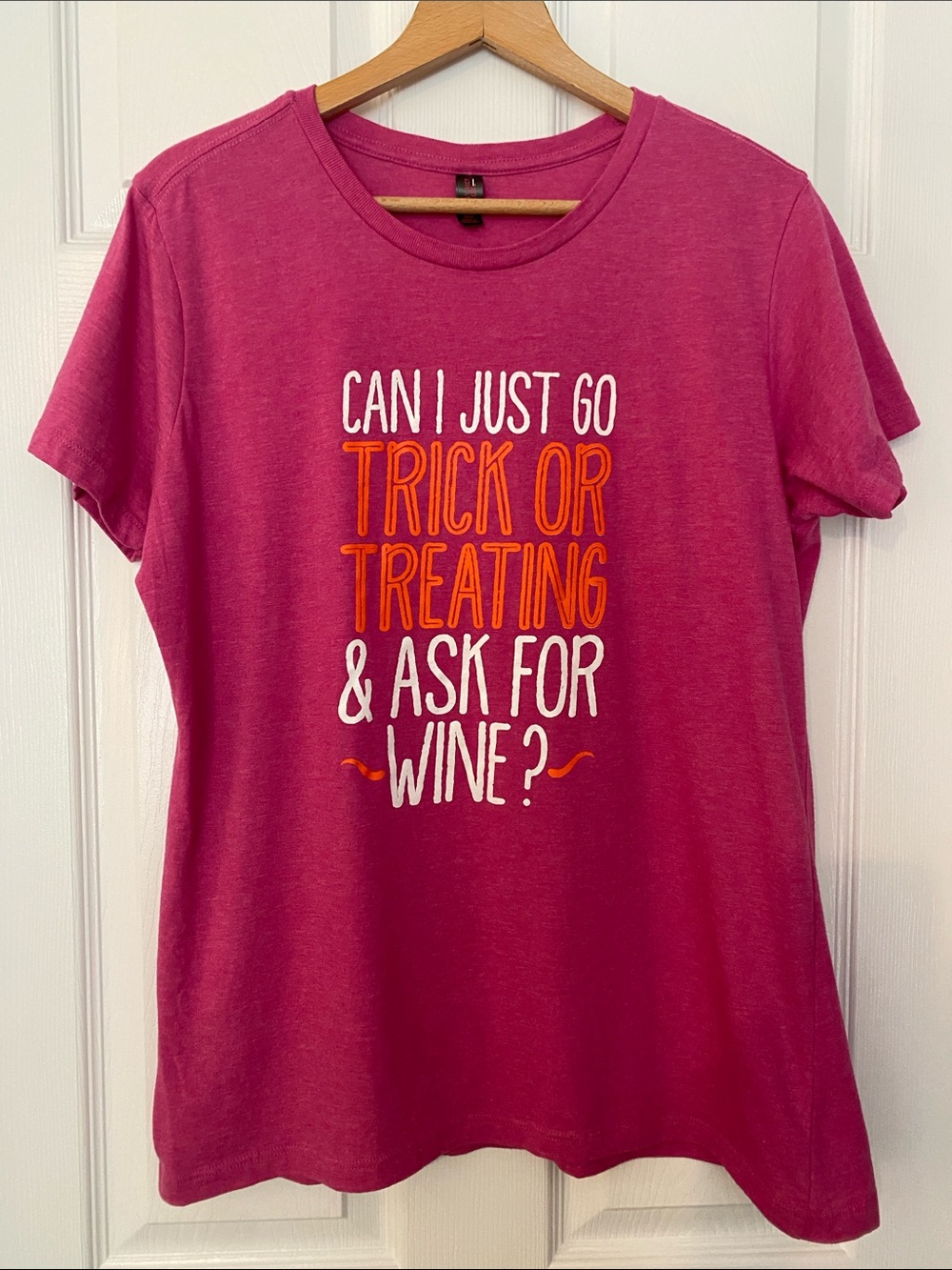 Raspberry Short-Sleeve Graphic Tee with Halloween Wine Quote